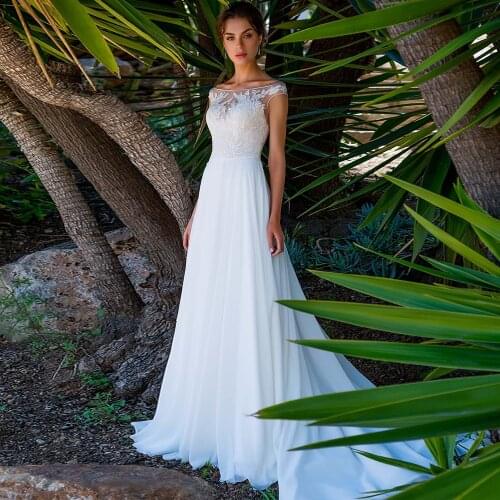 Wedding Dresses 2021 Cap Sleeve Lace Appliques Button Chiffon Elegant Bridal Gown Vestidos De Noiva A-Line Sweep Train