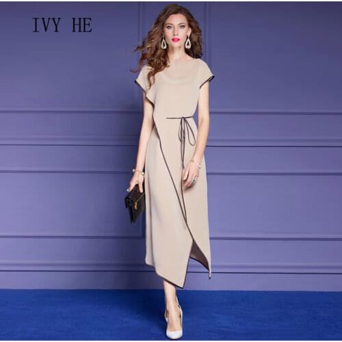 IVY HE High Quality Summer Dress Woman Clothing Simple Hepburn Elegant Asymmetry Midi Long Dress Traf Robe ZA Party Dresses