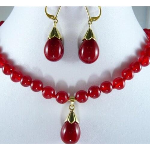 Womens fashion 8mm Ruby Pendant Necklace water drop earrings metal plated jewelry set gift