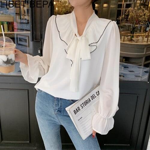 New 2021 Summer Autunm Women Blouses Shirts Sweet Lace Up Chiffon Elegant Wild Korean Style Solid Lady White Vintage Tops BL2201