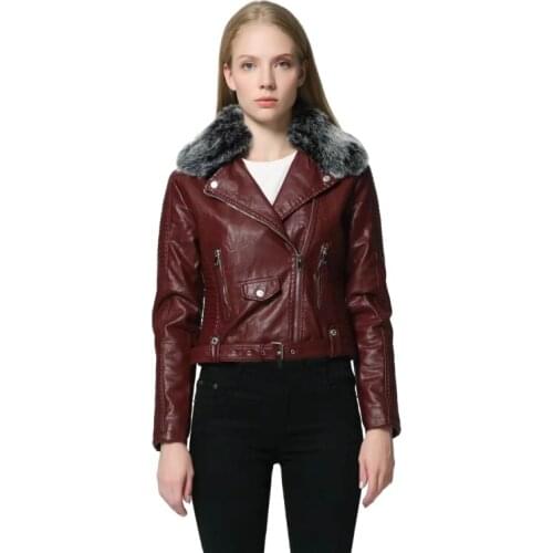 Fad Hot Vogue Women Winter Warm Faux Leather Jackets With Fur Collar Belt Lady Black Pink Motorcycle Biker Outerwear Coats