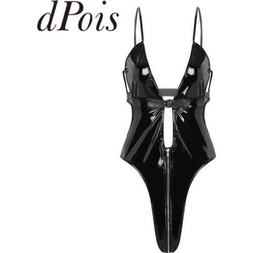 Women One-piece Wetlook Patent Leather Lingerie Spaghetti Shoulder Straps Plunge Deep V Neck Backless High Cut Teddy Bodysuit