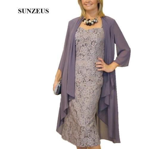 Vestido de noiva 2 em 1 Tea Length Lace Mother Of The Bride Dress With Chiffon Jacket Elegant Sheath Women Party Gowns CM0192