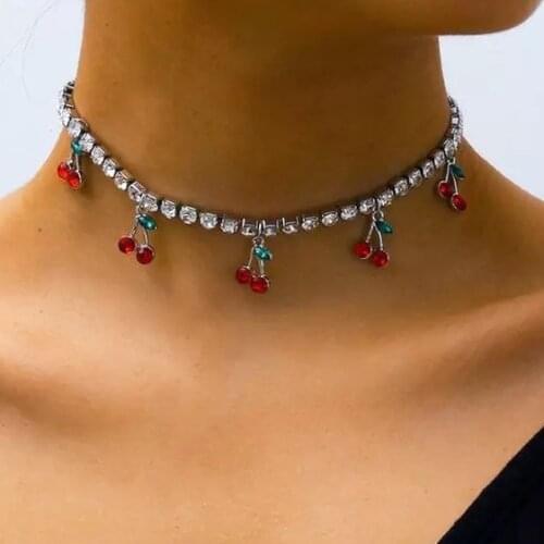 Crystal Cherry Pendant Necklaces for Women Choker Neck Chain Necklace Goth Accessories Punk Vintage Pendants Womens Jewelry