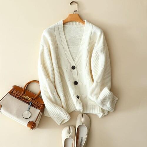 Winter thick warm cashmere wool buttons v neck cardigan women oversized chunky outerwear knitted fashion sweater female