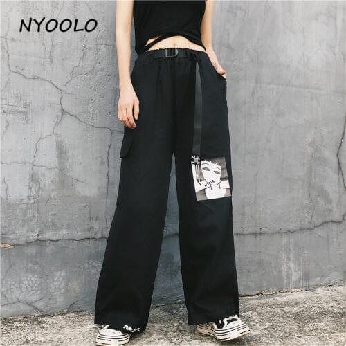 NYOOLO Harajuku Vitality girls print high waist pants Autumn streetwear Loose elastic waist ankle length wide leg pants women