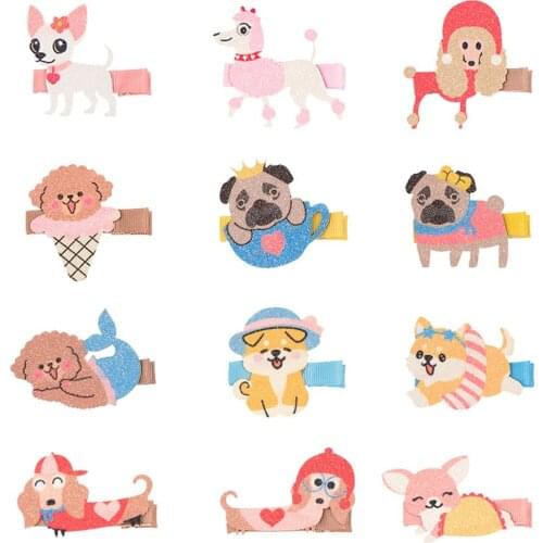 Boutique ins 12pcs Fashion Cute Glitter Akita Sausage dog Teddy Chihuahua Poodle Hairpins Animal Hair Clips Princess Headwear