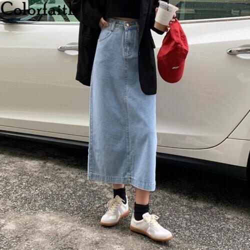 Colorfaith New 2021 Spring Summer Women Skirts Denim Straight Fashionable Jeans Pockets Vintage Split Wild Lady Skirts SK363