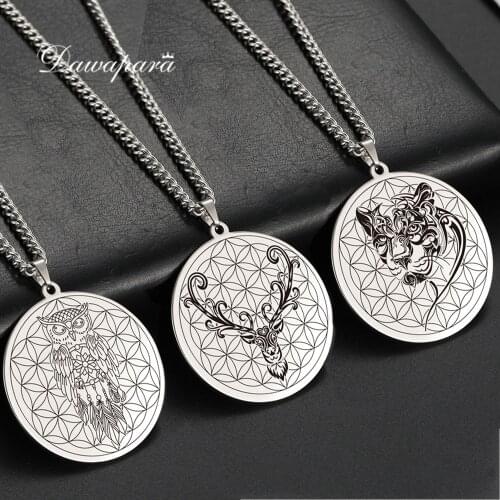 Dawapara Animal Owl Dreamcatcher Flower of Life Necklace Reindeer Panther Vintage Supernatural Talisman Stainless Steel Jewelry