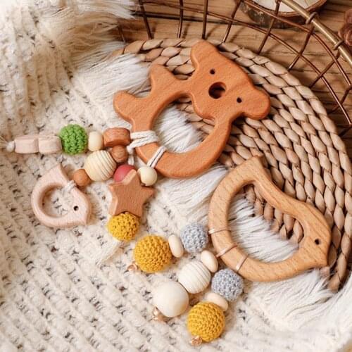 1pc Wooden Music Rattle Animal Star Mobile Holder Teething Pendant Wooden Gym Rodent Silicone Beads Necklace Clip Stroller Arch