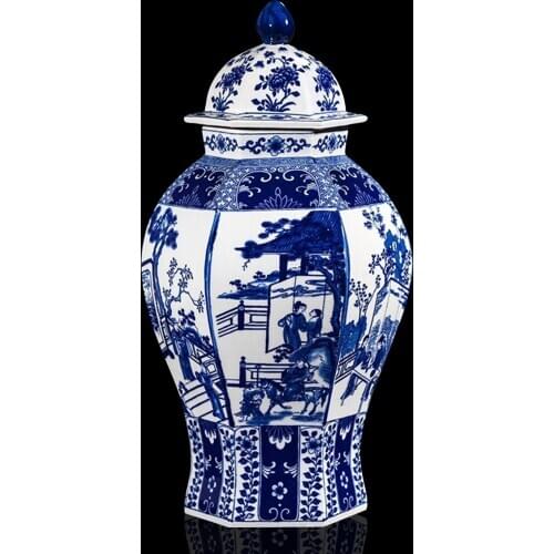 Jingdezhen Porcelain Ginger jar Chinese Blue And White Figure Six Sided ceramic temple jar vase