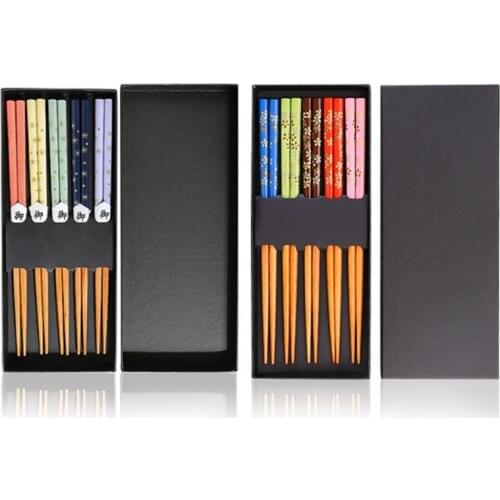 FQYL [5 Pairs] Printed Beech Chopsticks Household Tableware Set Pointed Cooking Chopsticks Gift Box