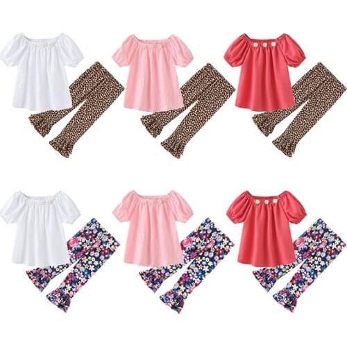 Flower Baby Girl Spring Summer Clothing set Flare Sleeve T-shirt Leopard Print Pants 2PCS Outfits Sets for 2-6 Yrs Kid clothes