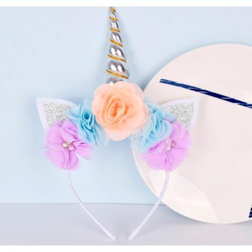 Girls Unicorn Headband Chiffon Flowers Unicorn Horn Hairband Glitter Headband for Kids Unicorn Birthday Party Hair Accessories