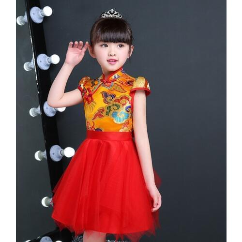 Chinese Traditional Dress Kids Red Cheongsam Children Kindergarten Girl Princess Dance Flowers Qipao Birthday Party Dresses