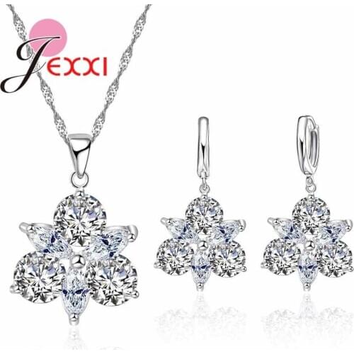 925 Sterling Silver Chain Jewelry Sets Wedding Jewelry Valentines Gift Romantic Rose Flower CZ Crystal Hoop Earrings