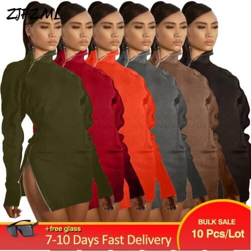 Bulk Items Wholesale Lots Womens Mini Dress Simple Zipper Front Full Sleeve Sporty Vestido Early Autumn Slim Fit Stretch Robe