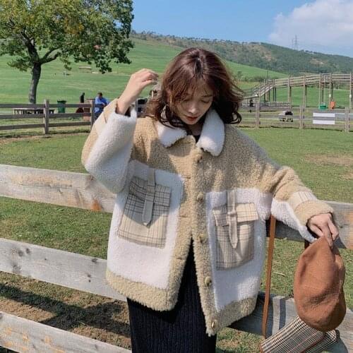 HSTAR Autumn New Korean Version of Artificial Lamb Wool Coat Women 's plus Velvet Thick Loose Stitching Lamb Cashmere Coat