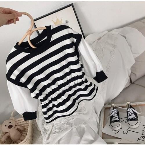 Girl Striped Korean Blouse Autumn Spring Patchwork Fake Two-piece Long-sleeved Shirt Tops Childreb Kd Girl Loose clothing