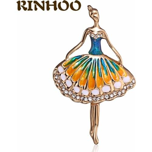 Rinhoo Elegant Rhinestone Beauty Long Dress Girl Brooches For Women Party Casual Brooch Enamel Lapel Pins Gifts For Best Friend