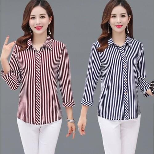 Stripe Shirts Women Blouse Elegant 3/4 Sleeve Turndown Collar Female Ice Silk Blouses Lady 4XL Plus Size Tops Blusas Y988