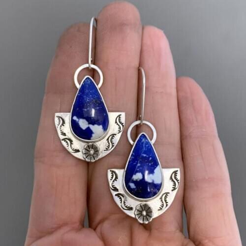 Vintage Dark Blue Stone Water Drop Earrings Ethnic Tribal Antique Silver Color Hook Dangle Earrings for Women Party