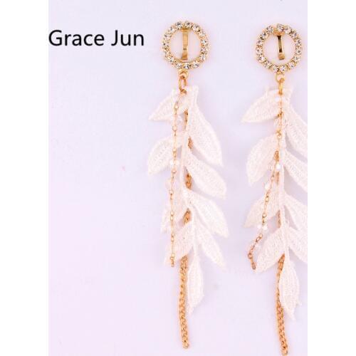 GRACE JUN Womens Clip on Earrings Fashion Luxury Long Rhinestone Earrings Tassel Crystal Williow Leaf Clip Earrings Bijouterie