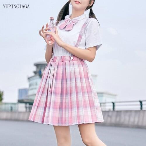 2 Piece Set Japan Style White Shirt + Strap Pleated Skirt Two-Piece Uniform Skirt Suit 2021 Summer Sweet Women Sets 2115008