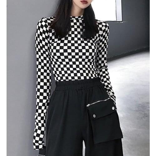 Black & White Checkered Mesh Top Long Sleeve Mock Neck Cropped Top Womens T-shirts Altgirl Outfit