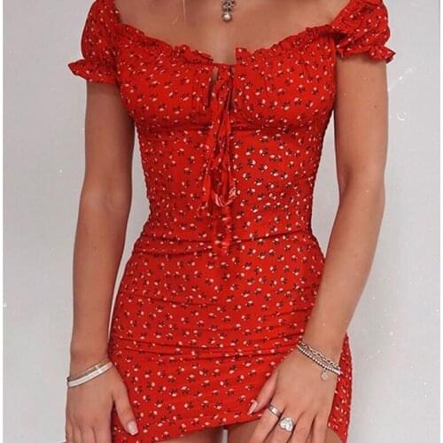 Womens Floral Print Off Shoulder Wrap Dress Tie Up Front Ruffle Bodycon Mini Dress Summer Female Pencil Dress Party Clubwear