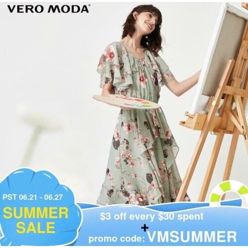 Vero Moda Women Vintage Floral Printed Ruffle Butterfly Sleeves Holiday Summer Chiffon Dress | 32027B557