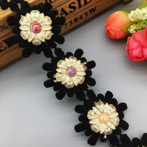 1 yd 3D African Laces Fabric Black Flower Beaded Lace Trim Ribbon Embroidered Applique DIY Handmade Wedding Dress Sewing Craft