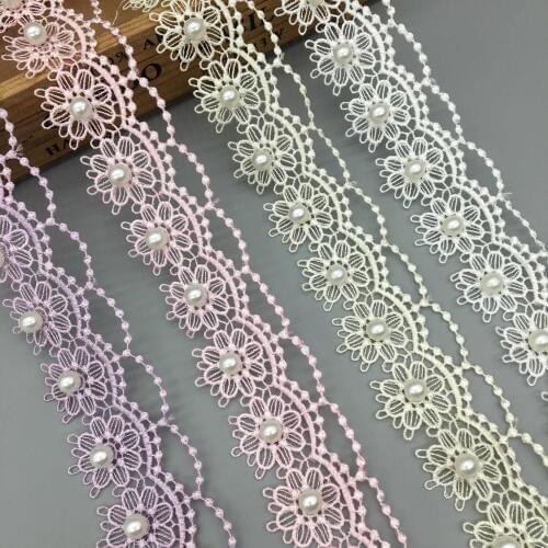 1 yard Pearl Beaded Rose Sun Flowers Embroidered Lace Trim Ribbon Applique DIY Manual Sewing Supplies Craft Decoration 4cm