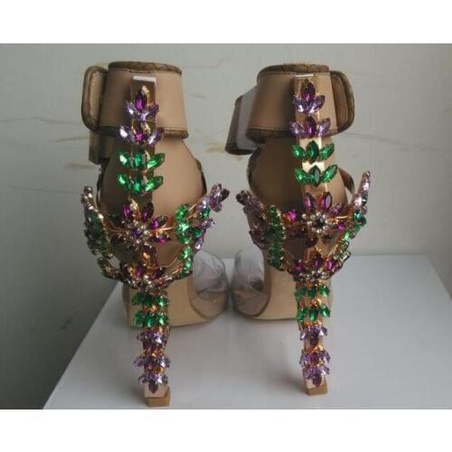 2018 Luxury Rhinestone Cover Nail Heel Women PVC Sandals Ankle Buckles Lock Side Shoes Ladies Unique Party High Heels Size 42