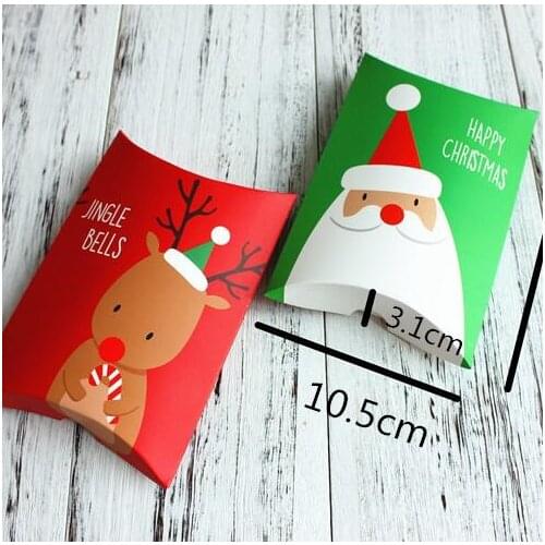 30pcs/lot Christmas Gift Box Green Pillow Shape Happy Christmas Candy Box Bag Red Color Paper Cookies Boxes Christmas Gift Bag