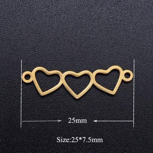 5pcs/lot 3 Hearts Stainless Steel DIY Connector Charms Wholesale Never Rust DIY Pendants for Necklace Making