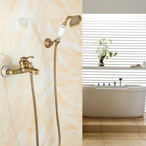 Antique Brushed Brass Bath Faucets Wall Mounted Bathroom Basin Mixer Tap Crane With Hand Shower Bath Shower Faucet