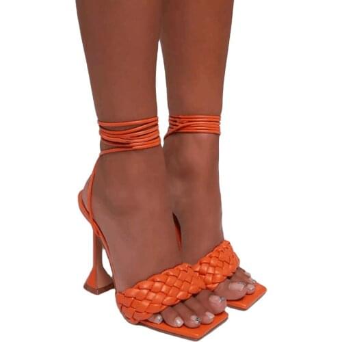 DDYZHY New fashion womens sandals high heel large size low cut orange summer solid color woven square toe fashion sandals 35-42