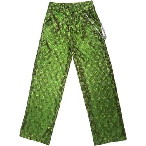 Women Pants Chinese Style Dragon Vintage Straight Wide Leg Pants High Waisted Chains Trousers Female Bottom Casual Pantalones