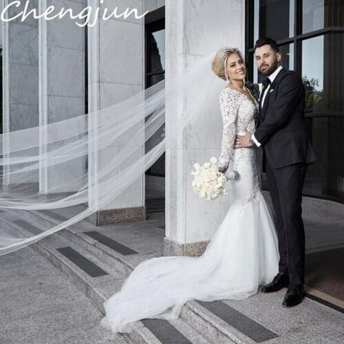 Chengjun Long Train Tradition Dubai Mermaid V-Neck Long Sleeve Wedding Dresses