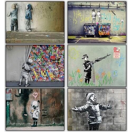 Graffiti Art Banksy Canvas Painting Children Pee Colorful Rain Abstract Posters and Prints Wall Art Pictures for Home Decoration