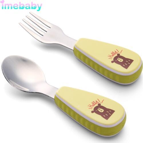 Imebaby Children Stainless Steel Fork Spoon Set, Complementary Food Training Baby Spoon, Children Non-Slip Silicone Tableware