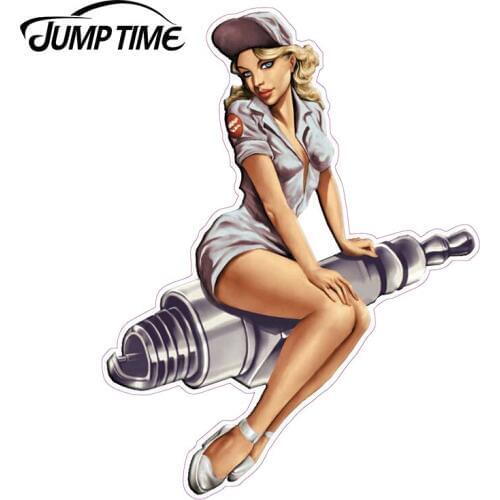 JumpTime 13cm x 10cm Car Styling Super Sexy Spark Plug Pin Up Girl Vintage Sign JDM Window Wall Decal 3D Car Sticker Accessories