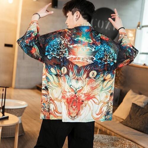 Plus Size 5XL Mens kimono jacket thin cardigan shirt Japanese style male kimono cardigan men streetwear samurai costume dragon
