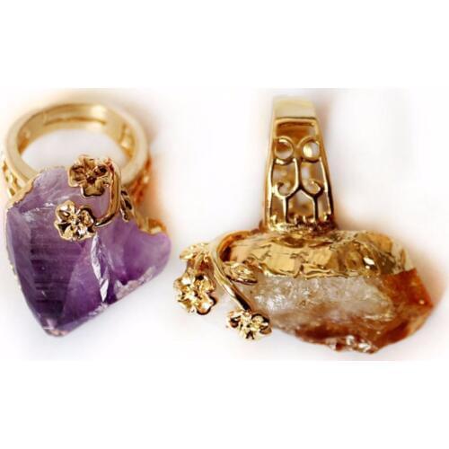 Druzy Natural Crystal Fashion Ring Yellow quartz Purple Gold Color Crystal Engagement Amethysts Jewelry Wedding Rings For Women