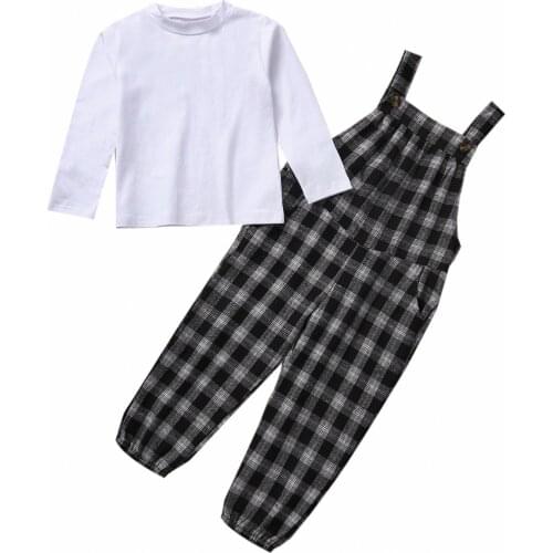 Infant Kids Baby Girls Casual Two-piece Clothes Set, Solid Color Pullover and Plaid Printed Pattern Suspender Trousers 18M-6T