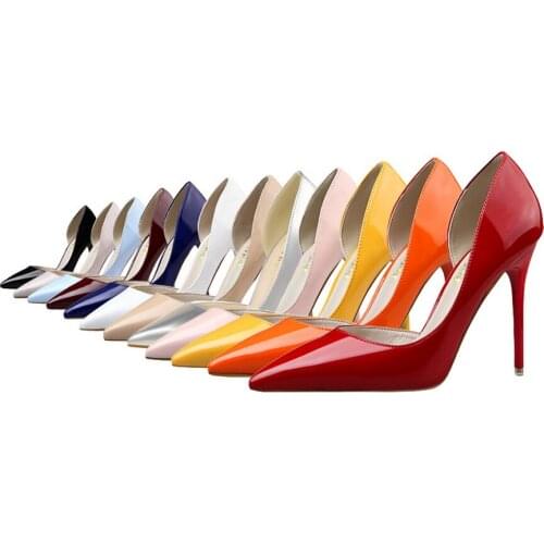 Korean version fashion simple thin heel high heel patent leather shallow mouth pointed hollow sexy thin heel single shoes