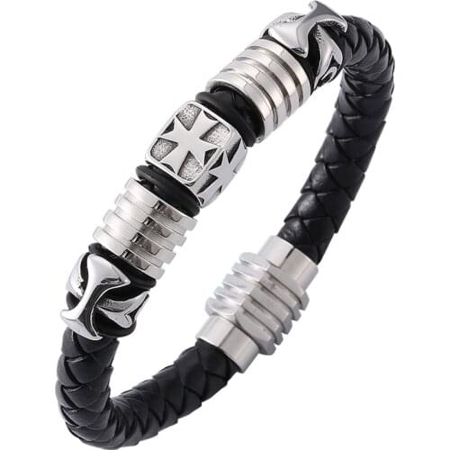 Trendy Mens Leather Bracelets 2019 Charms Beads Bracelet Men Jewelry Handmade Vintage Stainless Steel Magnetic Clasp Gift PD0129