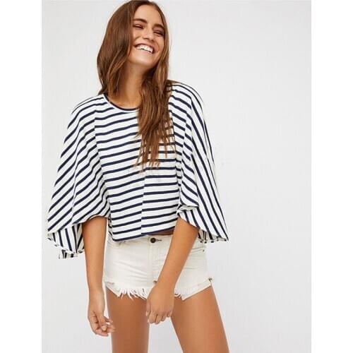 Fashion Women Cold Off Shoulder Stripe Loose Tops Bat Short Sleeve O-neck Summer Casual Baggy Blouse Shirt