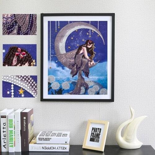 DIY Diamond Painting Kit for Adults Diamond Painting Special Shaped Partial Drill Girl on Moon Diamond Art for Decoration